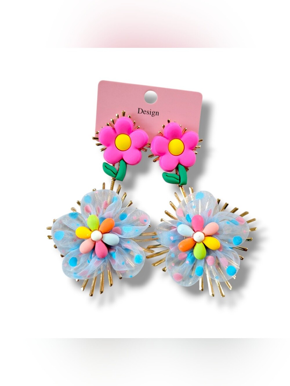 NWT Cute Gold Tone Big Bold Colorful Tulle Floral Blossoms Statement Earrings